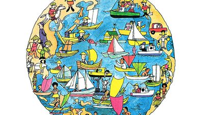 9:006 Land and Water: Mother Earth, globe, people in boats in the water